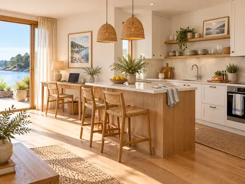 Ausgestattete Ferienwohnungsküche mit Arbeitsplatz und alltäglichen Details